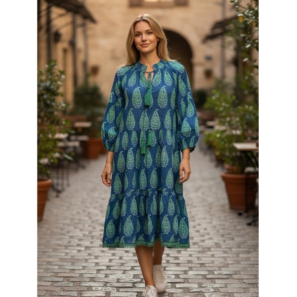 Naudic NWT Sao Paulo Dress Medium Blue Green Caribbean Paisley Tiered Midi Boho